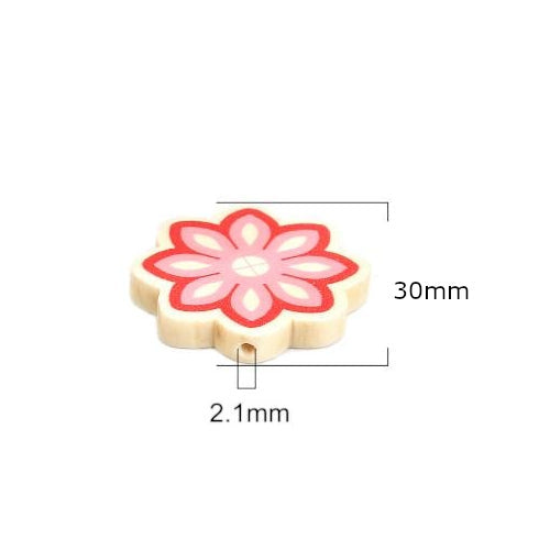 Wood Beads, Flower, Printed, Light Pink, Red, 30mm - BEADED CREATIONS
