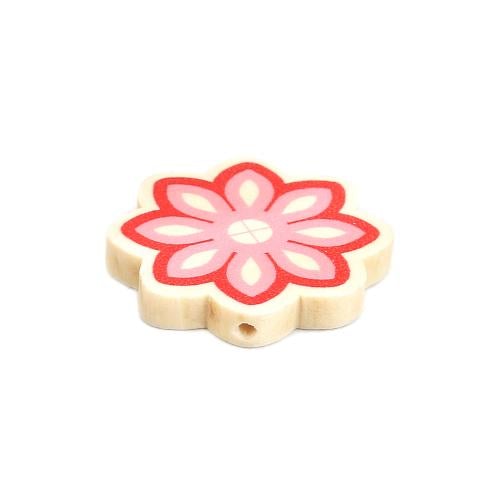 Wood Beads, Flower, Printed, Light Pink, Red, 30mm - BEADED CREATIONS