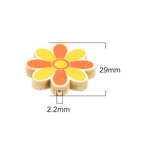 Flower Wood Beads, Printed, Orange, Yellow, 29mm - BEADED CREATIONS