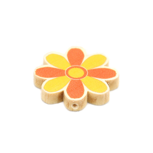 Wood Beads, Flower, Printed, Orange, Yellow, 29mm - BEADED CREATIONS