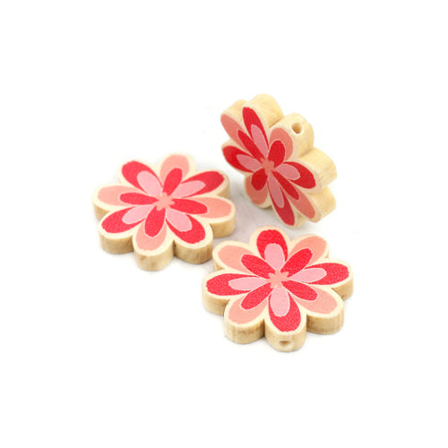 Wood Beads, Flower, Printed, Pink, 29mm - BEADED CREATIONS