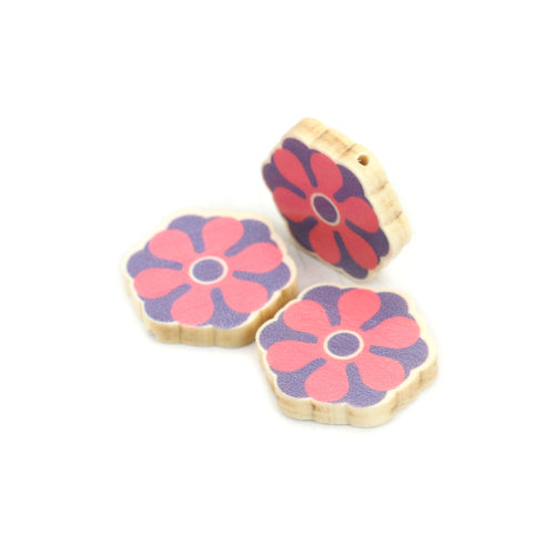 Wood Beads, Flower, Printed, Pink, Purple, 28mm - BEADED CREATIONS