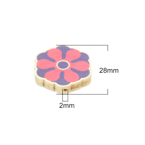 Flower Wood Beads, Printed, Pink, Purple, 28mm - BEADED CREATIONS