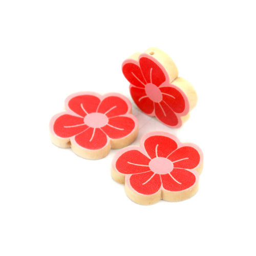 Wood Beads, Flower, Printed, Red, Pink, 30mm - BEADED CREATIONS