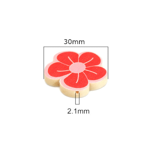 Wood Beads, Flower, Printed, Red, Pink, 30mm - BEADED CREATIONS