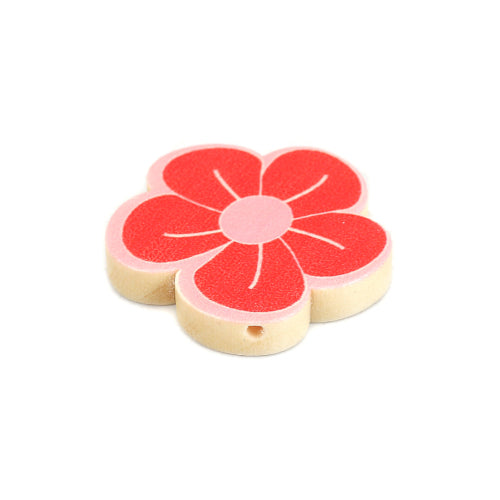 Wood Beads, Flower, Printed, Red, Pink, 30mm - BEADED CREATIONS