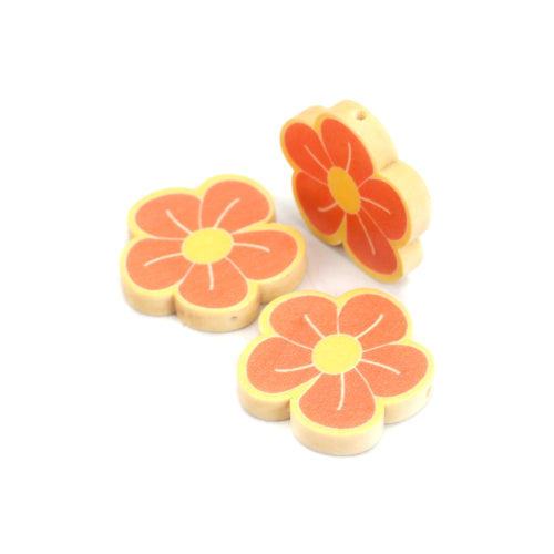 Wood Beads, Flower, Printed, Yellow, Orange, 30mm - BEADED CREATIONS