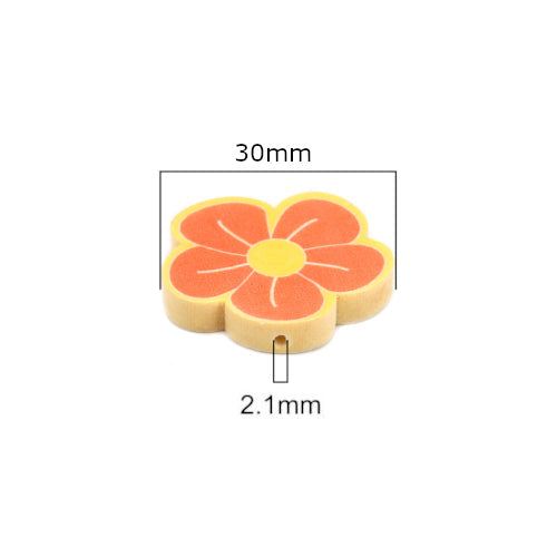 Wood Beads, Flower, Printed, Yellow, Orange, 30mm - BEADED CREATIONS