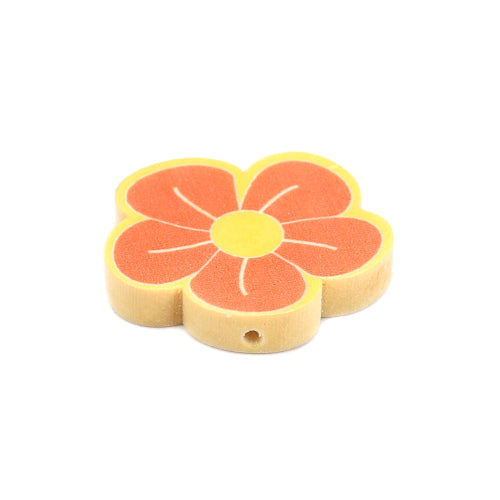 Wood Beads, Flower, Printed, Yellow, Orange, 30mm - BEADED CREATIONS