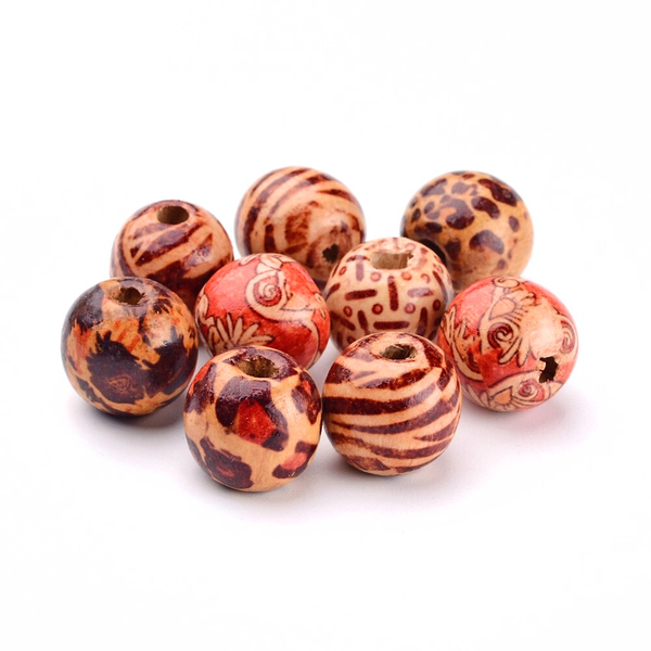 Wood Beads, Round, Printed, Mixed, 16mm - BEADED CREATIONS