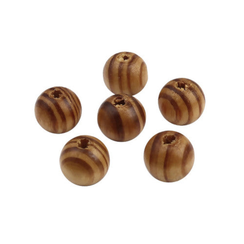 Wood Beads, Round, Striped, Brown, 10mm - BEADED CREATIONS