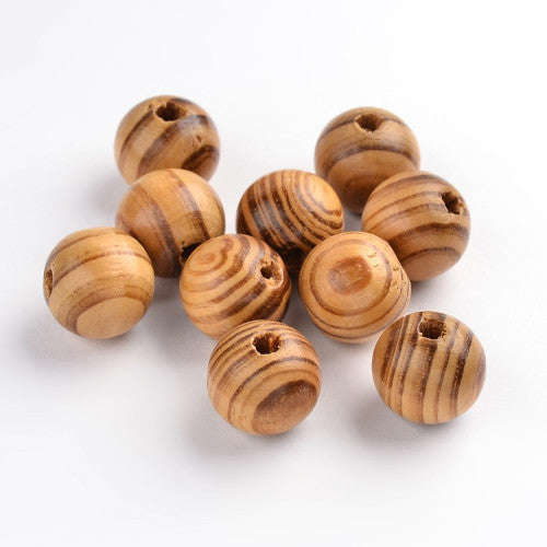 Wood Beads, Round, Striped, Pinewood, Light Brown, 14mm - BEADED CREATIONS