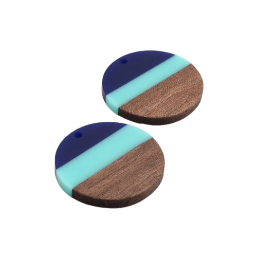Wooden Pendants, Flat Round, Walnut Wood, Banded, Blue, Nautical, Resin, 28mm - BEADED CREATIONS