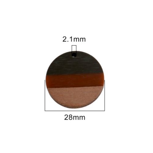 Wooden Pendants, Flat Round, Walnut Wood, Banded, Brown, Resin, 28mm - BEADED CREATIONS