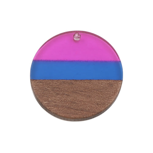 Wooden Pendants, Flat Round, Walnut Wood, Banded, Plumeria, Resin, 28mm - BEADED CREATIONS