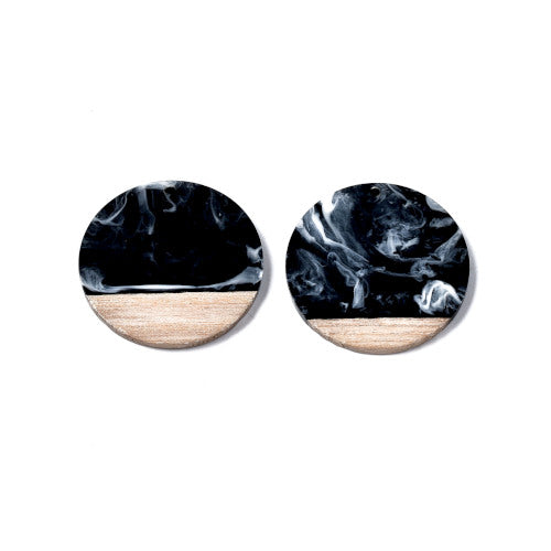 Wooden Pendants, Flat, Round, Walnut Wood, Two-Tone, Black, White, Resin, 38.5mm - BEADED CREATIONS