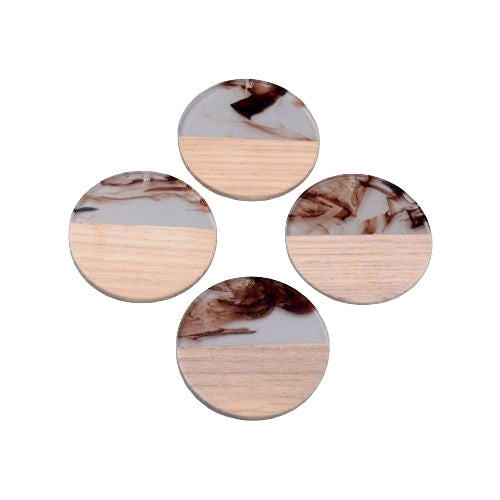 Wooden Pendants, Flat, Round, Walnut Wood, Two-Tone, Brown, Swirl, Resin, 38mm - BEADED CREATIONS