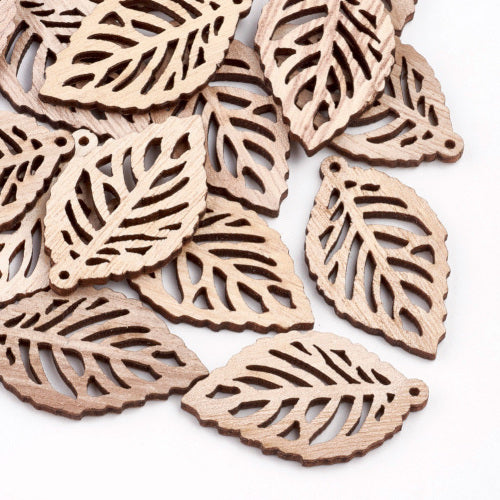 Wooden Pendants, Leaf, Natural, Raw, Laser-Cut, Double-Sided, 40mm - BEADED CREATIONS