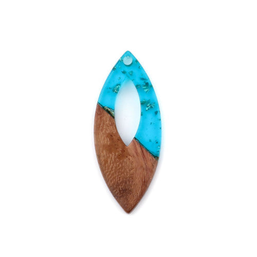 Wooden Pendants, Marquise, Wood, Resin, Gold Foil, Aqua Blue, 3.8cm - BEADED CREATIONS