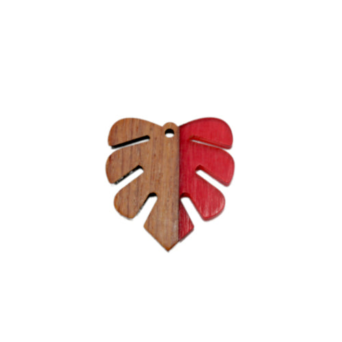 Wooden Pendants, Monstera Leaf, Walnut Wood, Cherry Red, Resin, 30mm - BEADED CREATIONS