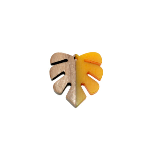 Wooden Pendants, Monstera Leaf, Walnut Wood, Saffron Yellow, Resin, 30mm - BEADED CREATIONS