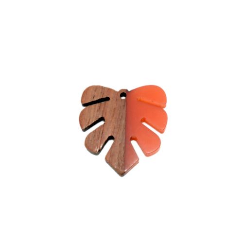 Wooden Pendants, Monstera Leaf, Walnut Wood, Tangerine, Resin, 30mm - BEADED CREATIONS