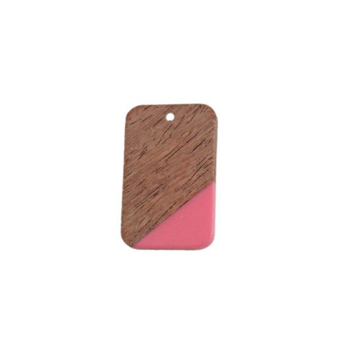 Wooden Pendants, Rectangle, Walnut Wood, Pink, Resin, 30.3mm - BEADED CREATIONS