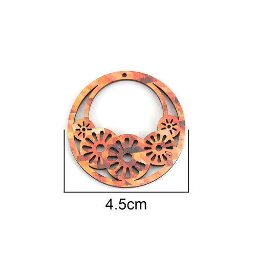 Wooden Pendants, Round, Printed, Go-Go, Single-Sided, Top Drilled, Orange, 4.5cm - BEADED CREATIONS
