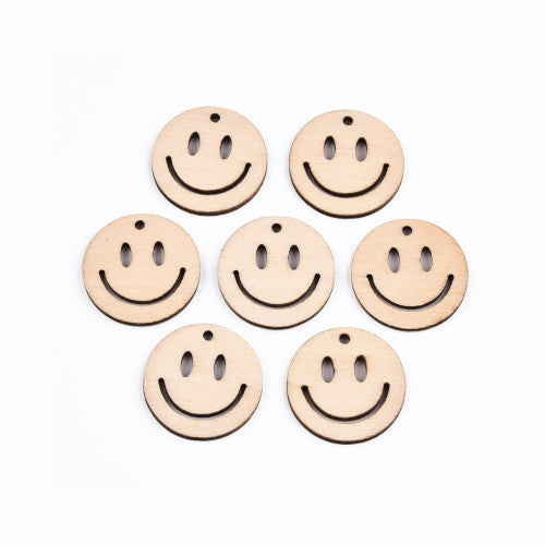 Wooden Pendants, Smiley Face, Natural, Raw, Round, Flat, Laser-Cut, 27mm - BEADED CREATIONS