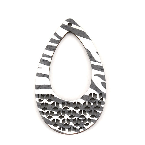 Wooden Pendants, Teardrop, Printed, Single-Sided, Top Drilled, Black, White, 50mm - BEADED CREATIONS