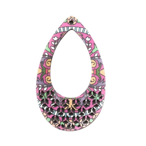 Wooden Pendants, Teardrop, Printed, Single-Sided, Top Drilled, Pink, Multicolored, 50mm - BEADED CREATIONS