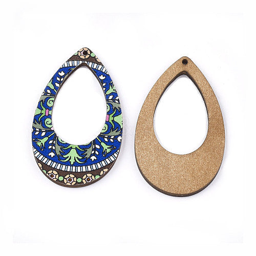 Wooden Pendants, Teardrop, Printed, Top Drilled, Single-Sided,  Blue, Multicolored, 49.5mm - BEADED CREATIONS