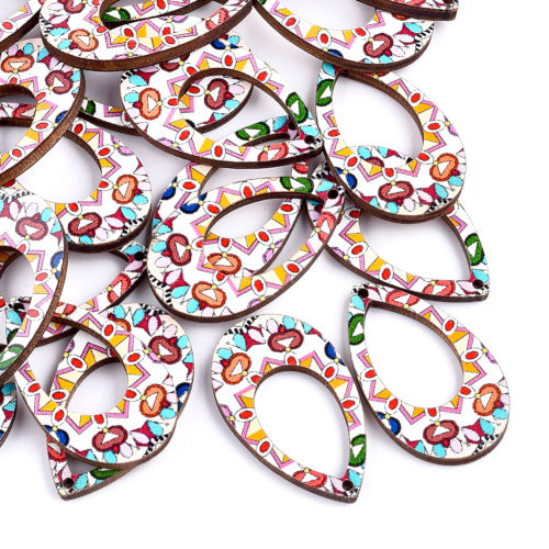 Wooden Pendants, Teardrop, Printed, Top Drilled, Single-Sided, Creamy White, Multicolored, 34.5mm - BEADED CREATIONS