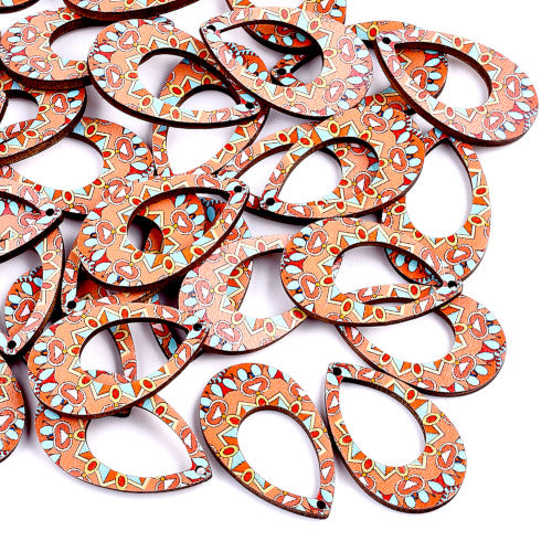Wooden Pendants, Teardrop, Printed, Top Drilled, Single-Sided, Light Salmon, 34.5mm - BEADED CREATIONS