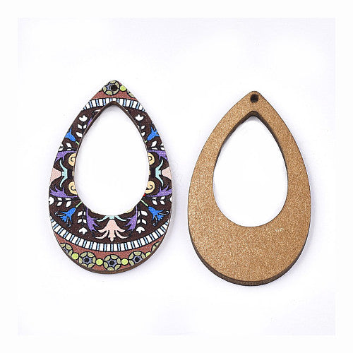 Wooden Pendants, Teardrop, Printed, Top Drilled, Single-Sided, Multicolored, 49.5mm - BEADED CREATIONS
