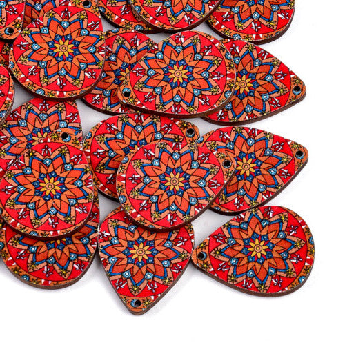 Wooden Pendants, Teardrop, Printed, Top Drilled, Single-Sided, Red, 34.5mm - BEADED CREATIONS