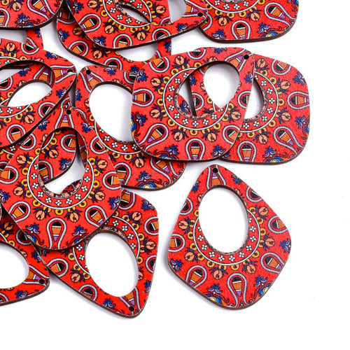Wooden Pendants, Teardrop, Printed, Top Drilled, Single-Sided, Red, 45mm - BEADED CREATIONS