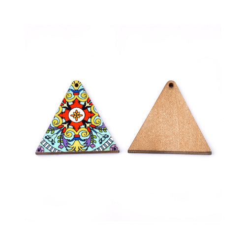 Wooden Pendants, Triangle, Printed, Top Drilled, Single-Sided, Blue, Multicolored, 32mm - BEADED CREATIONS
