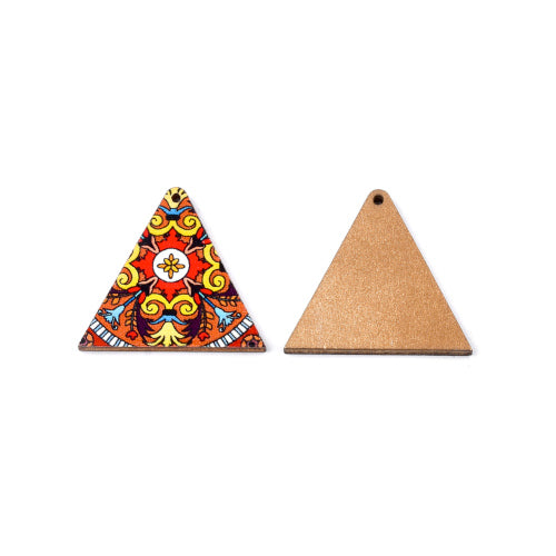 Wooden Pendants, Triangle, Printed, Top Drilled, Single-Sided, Orange, Multicolored, 32mm - BEADED CREATIONS