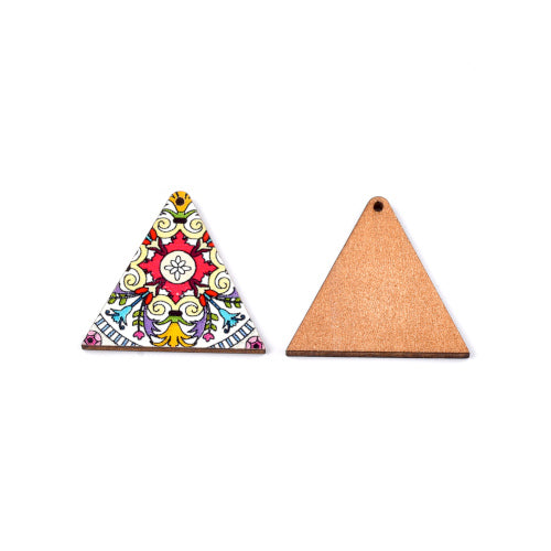 Wooden Pendants, Triangle, Printed, Top Drilled, Single-Sided, White, Multicolored, 32mm - BEADED CREATIONS