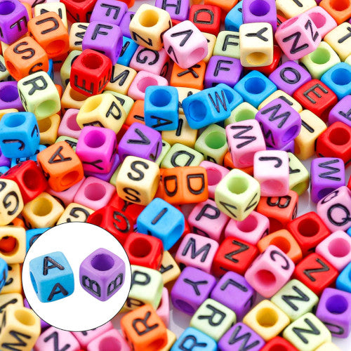 Acrylic Beads, Cube, Alphabet, Letters, Opaque, Multicolored, Assorted, A-Z, 6mm - BEADED CREATIONS
