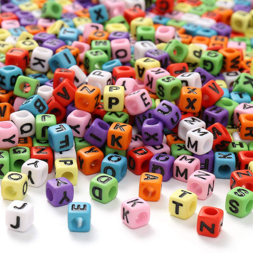 Acrylic Beads, Cube, Alphabet, Letters, Opaque, Multicolored, Assorted, A-Z, 6mm - BEADED CREATIONS