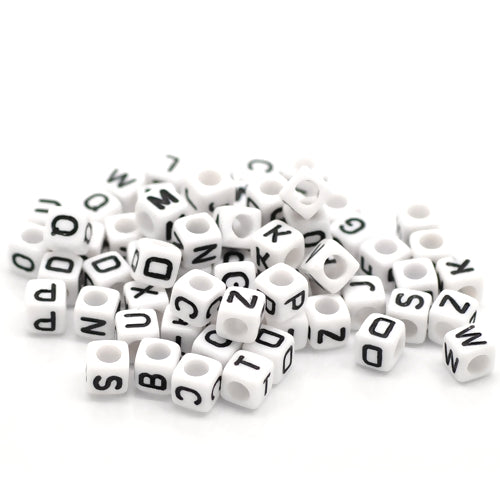Acrylic Beads, Cube, Alphabet, Letters, Opaque, White, Black, Assorted, A-Z, 6mm - BEADED CREATIONS