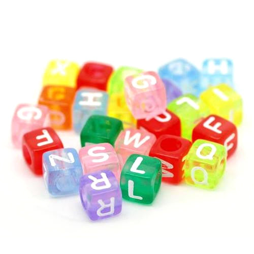 Acrylic Beads, Cube, Alphabet, Letters, Transparent, Multicolored, Assorted, A-Z, 6mm - BEADED CREATIONS