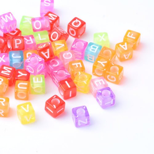 Acrylic Beads, Cube, Alphabet, Letters, Transparent, Multicolored, Assorted, A-Z, 6mm - BEADED CREATIONS
