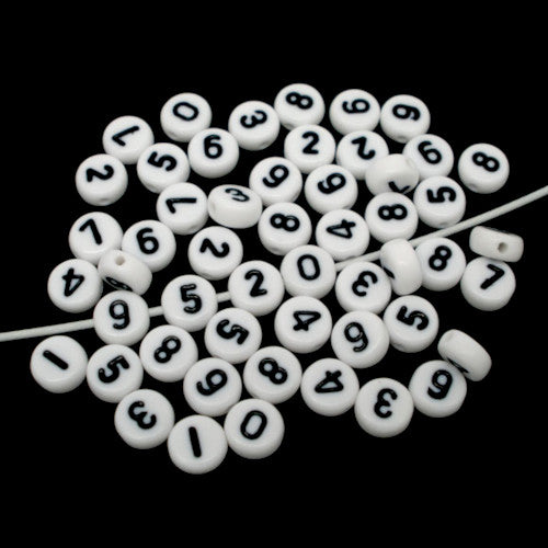 Acrylic Beads, Flat, Round, Double-Sided, Numbers, Opaque, White, Black, Assorted, 7mm - BEADED CREATIONS
