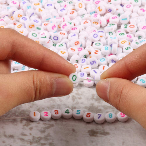 Acrylic Beads, Flat, Round, Double-Sided, Numbers, Opaque, White, Multicolored, Assorted, 7mm - BEADED CREATIONS