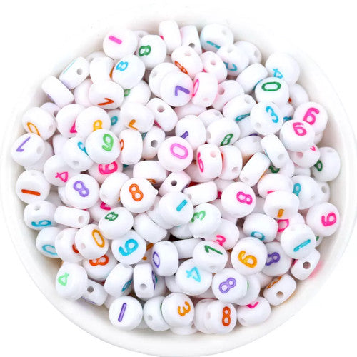 Acrylic Beads, Flat, Round, Double-Sided, Numbers, Opaque, White, Multicolored, Assorted, 7mm - BEADED CREATIONS