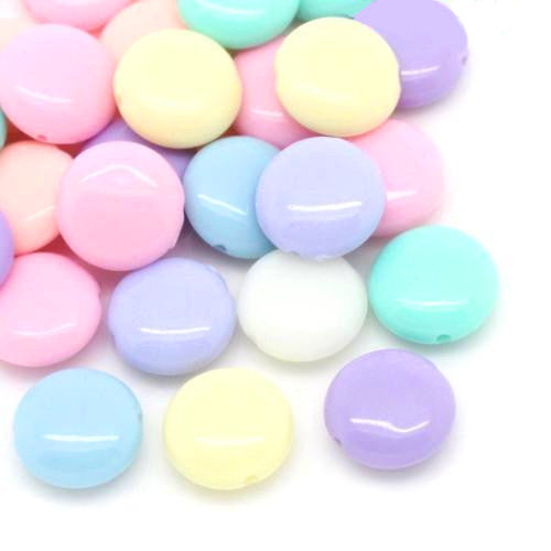 Acrylic Beads, Flat, Round, Opaque, Pastel Colors, Assorted, 12mm - BEADED CREATIONS