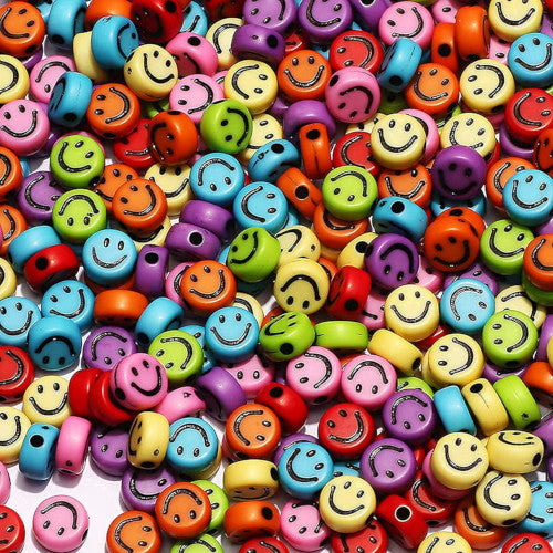 Acrylic Beads, Flat, Round, Smiley Faces, Assorted, 7mm - BEADED CREATIONS